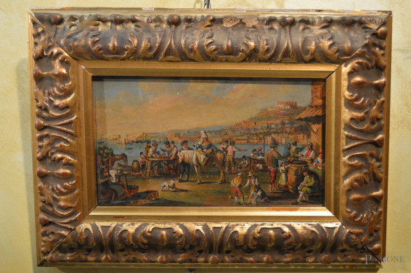 Scena di mercato, olio su tavola 29x17 cm, entro cornice.