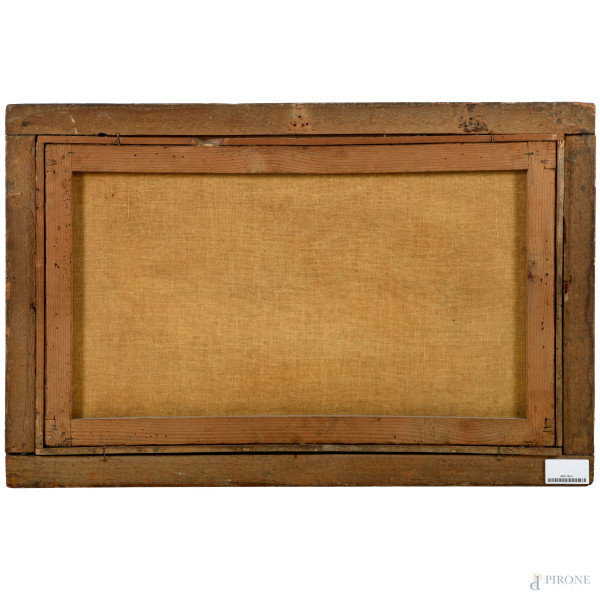 Paesaggio con figure, XVIII secolo, olio su tela, cm 40x66 entro cornice, (difetti)