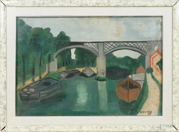 Ponte Nuovo a Parigi, olio su tela, cm 38x55, firmato e datato, entro cornice