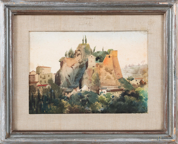 Scorcio di paese, XX secolo, acquerello su carta, cm 21,5x31, entro cornice, ondulazioni della carta, foxing)