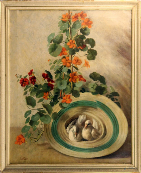 Natura morta, fiori e colombe, olio su tela, cm. 80x65, firmato Alciati, entro cornice.