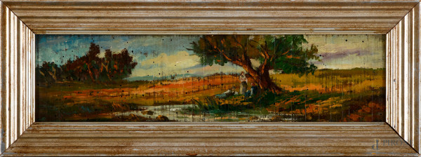 Paesaggio agreste con figure, olio su tavola, XX secolo, cm 13x48,5 entro cornice, (difetti)