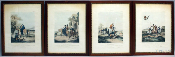 Lotto composto da quattro stampe inglesi raffiguranti scene di caccia, cm 62x50, fine XIX sec., entro cornici.