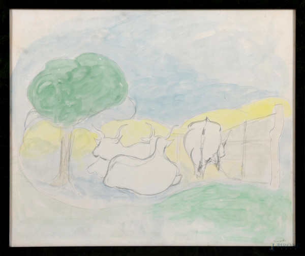Giuseppe Cesetti - Paesaggio con mucche, tecnica mista su carta, cm 50x60, entro cornice, (lievi difetti)