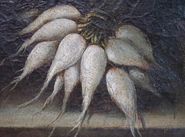 Natura morta con cacciagione, ravanelli e limone, olio su tela, cm 49,5x62,7, entro cornice