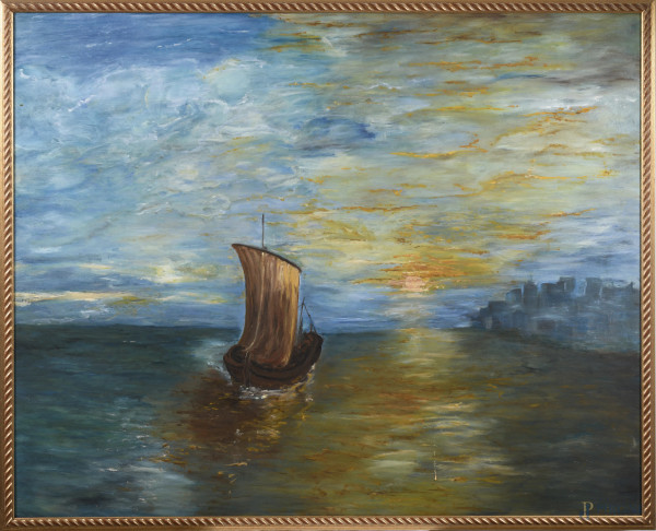 Marina al tramonto, XX secolo, olio su tela, cm 120x150, entro cornice, (segni di usura)