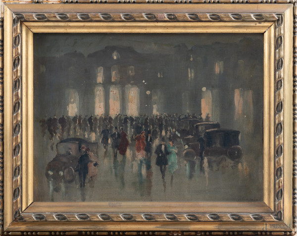 Domenico Pellissier (1828-1878), Città nella notte, olio su cartone telato, cm 31x41, firmato in basso a destra, entro cornice, (lievi abrasioni, supporto imbarcato)