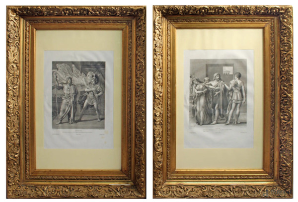 Coppia di cornici dorate in legno e pastiglia contenenti stampe francesi dell&#39;800 raffiguranti Achille e Teseo, misure specchio 55,5 x 33,5 cm.