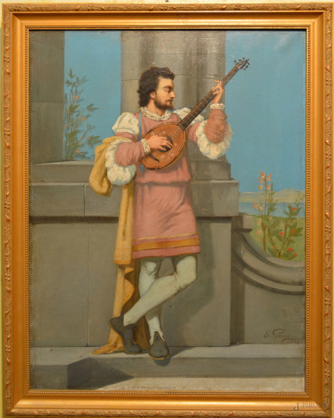 Suonatore di mandolino, olio su tela 71x54 cm, entro cornice firmato e datato 1887.