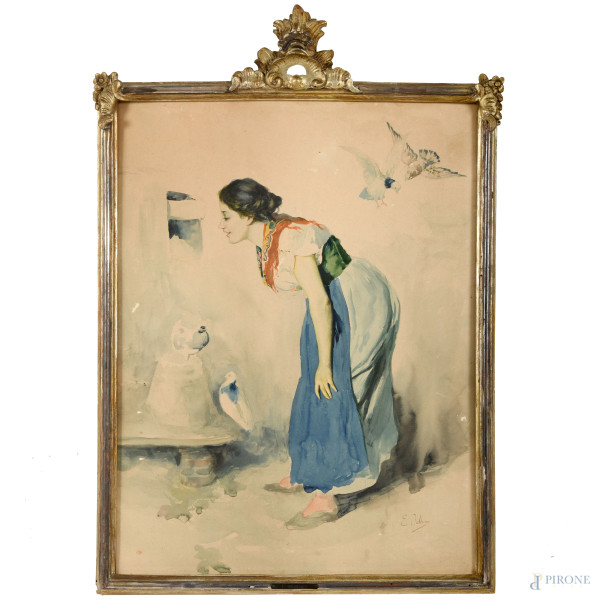 Coppia di dipinti raffiguranti popolane, acquarello su cartoncino, firmati, cm 61x46, entro corni...