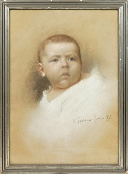 Ritratto di bambino, pastello su carta, cm 54x37, firmato, entro cornice.