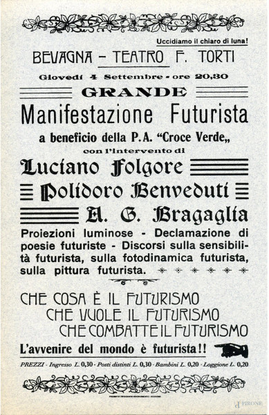 Manifestino futurista cm. 20,5 x 32,5, entro cornice
