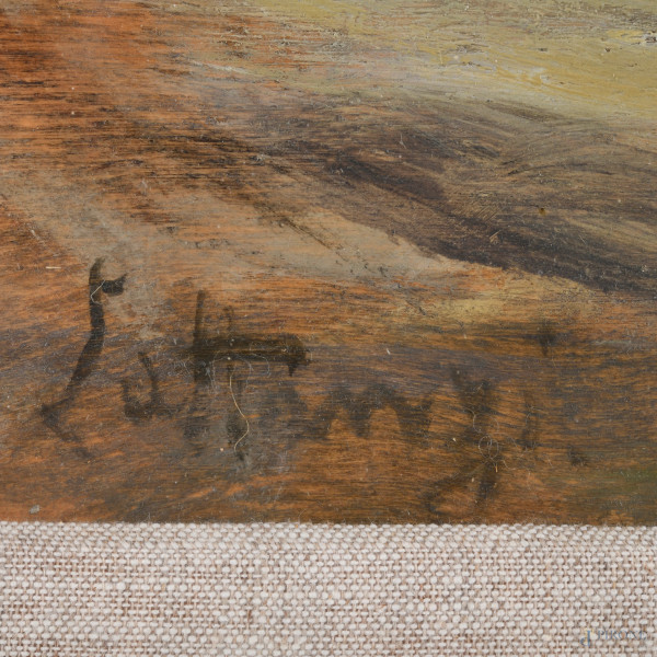 Fontana nel parco, olio su compensatp, XX secolo cm 25x35, entro cornice, firmato in basso a sini...