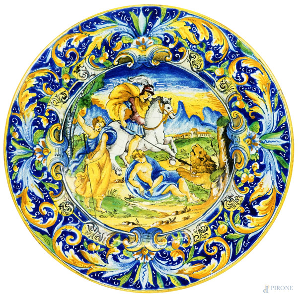 Piatto in ceramica policroma, Castelli, XX secolo, firmato al retro, decoro raffigurante la caccia al leone, diametro cm 52, (difetti)
