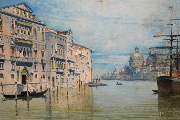 Veduta di Venezia, acquerello su carta, firmato e datato in basso a destra R. Lentini 1879, misur...