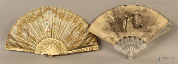 Lotto di due ventagli su seta e carta a soggetti diversi , (aperti 40 - 36 cm.)