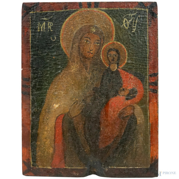 Antica icona raffigurante Madonna con Bambino, tempera su tavola, cm 31,5x24,5, (difetti, cadute di colore).