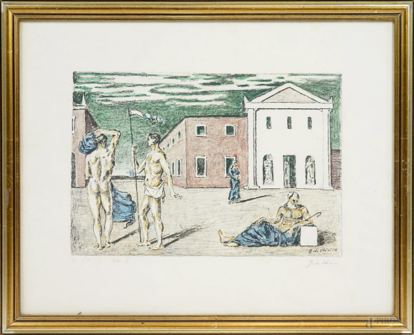 Giorgio De Chirico (1888-1978), La partenza di Giasone, litografia a colori, es. f.c. (fuori commercio) tavola V, firmato in basso a destra, cm 64x50,5, entro cornice