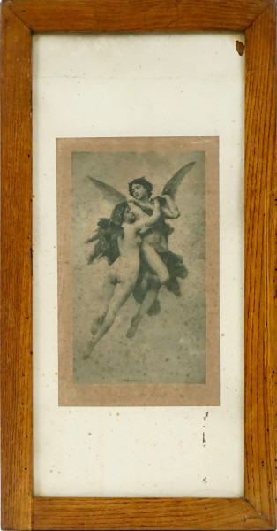 Amore e Psiche, multiplo su carta da William Adolphe Bouguereau, cm 55x25,5, fine XIX-inizi XX secolo, entro cornice, (difetti)