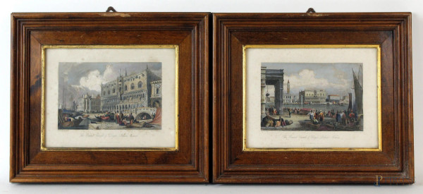 Coppia di stampe acquarellate raffiguranti il Canal Grande ed il Palazzo del Doge, cm 14x19, Fischer Son & Co. London & Paris 1845, entro cornici