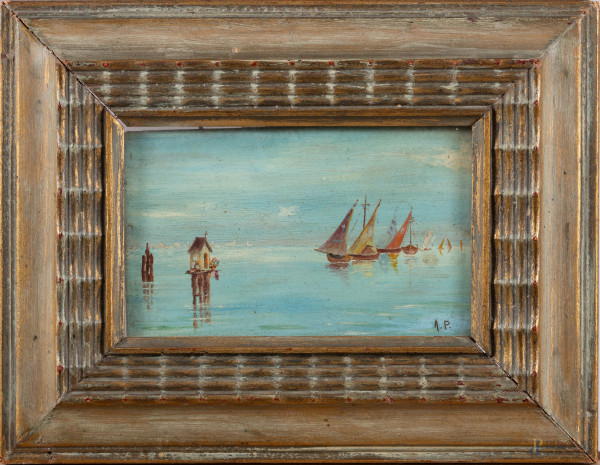 Marina con barche e palafitte, XX secolo, olio su tavoletta, cm 8,5x14, siglato in basso a destra, entro cornice, (lievi segni di usura)