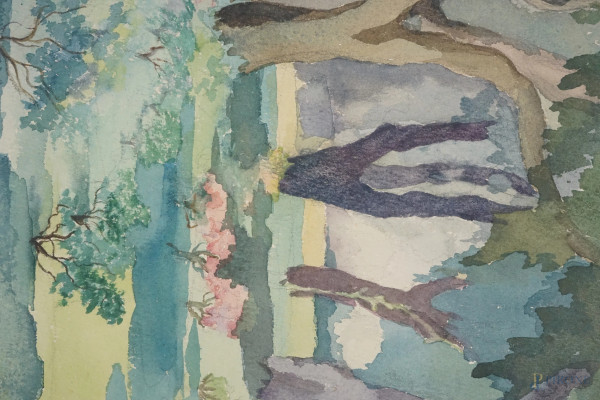 Scorcio di parco, acquerello su carta, firmato e datato, cm 22x17,5, entro cornice