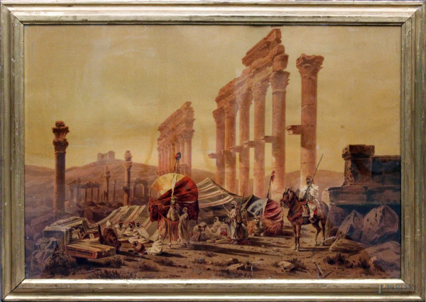 Stampa orientale, 70x100 cm, fine XIX sec, entro cornice.