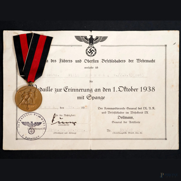 Medaglia per la commemorazione del 1 ottobre del 1938, cm 9,5, entro cornice