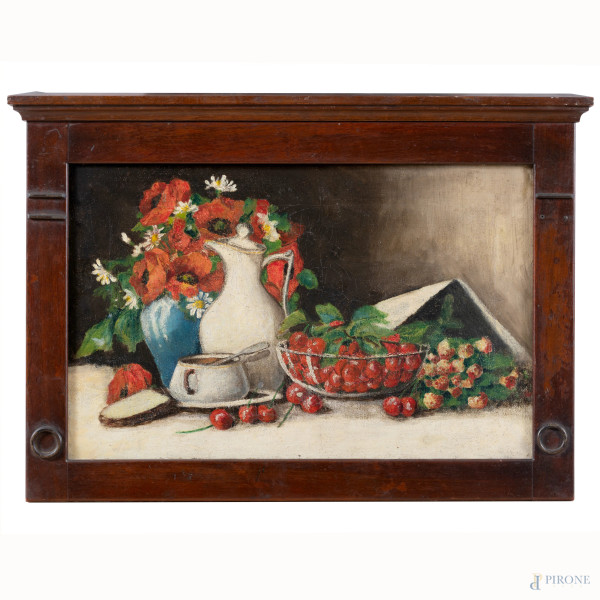 Natura morta con ciliegie, XX secolo, olio su tela, cm 28x45, entro cornice, (segni di usura, craquelure)