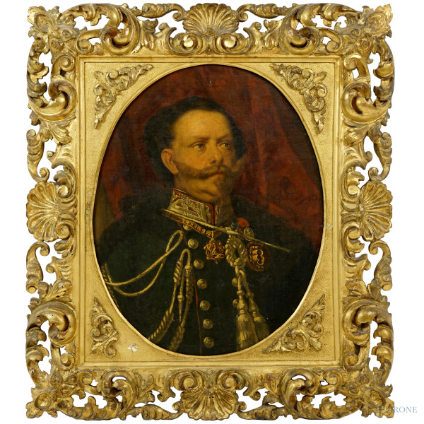 Michele Gordigiani - Ritratto di Vittorio Emanuele II, olio su tela, cm 73,5x58,5, firmato e datato 1860, entro cornice, (lievi difetti)