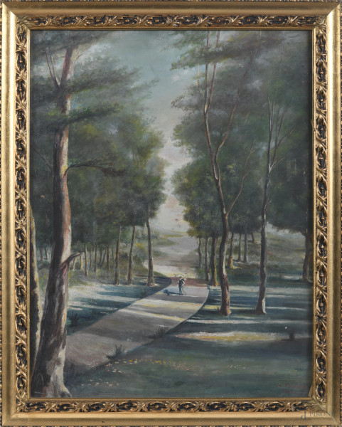 Viale nel parco, XX secolo, tecnica mista su cartone, cm 63x49, firmato e datato in basso a destra, entro cornice, (lievi abrasioni, tracce di umidità)