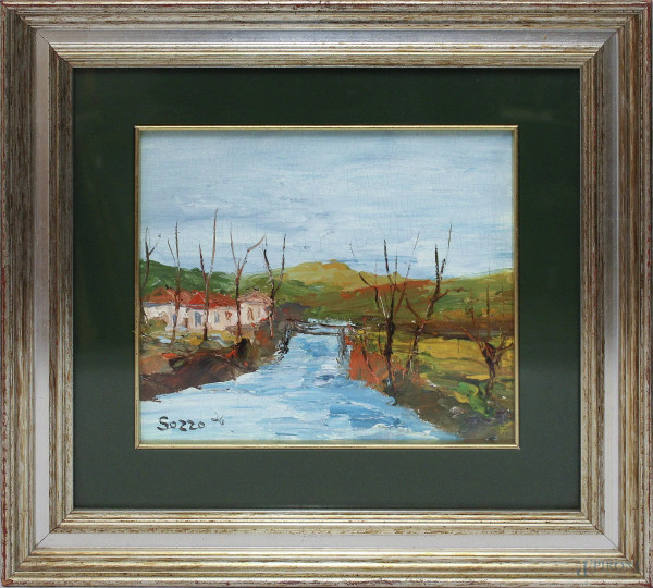 Enzo Sozzo - Paesaggio fluviale, dipinto ad olio su legno, cm 24 x 28, entro cornice.