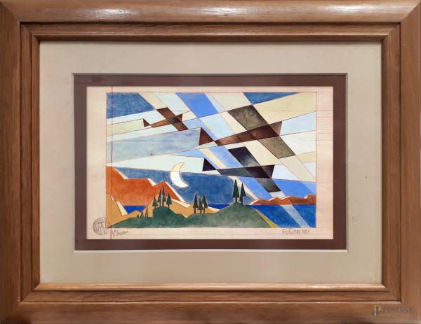Vittorio Caproni, (XX secolo), Aeropittura, tecnica mista su carta, cm 22x35, titolato “FUTURAEREI’ in basso a sinistra, firma e timbro dell’artista, con cornice