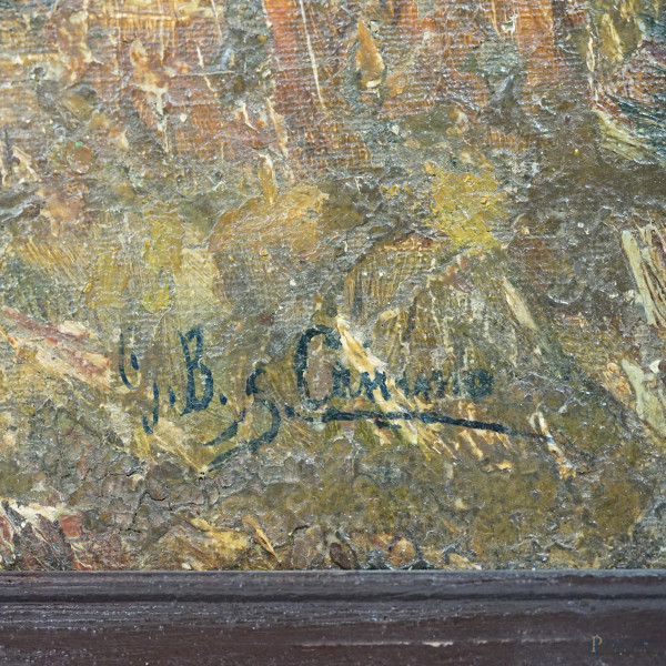 Al pascolo, olio su tela, firmato in basso a destra, cm 26,2x40, entro cornice (difetti)