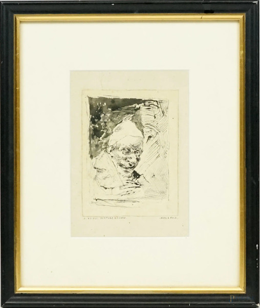 Alberto Nicoli - Caricatura, tecnica mista su carta, cm 13x10, entro cornice, (macchie).