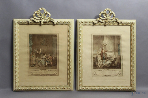 Coppia di incisioni francesi raffiguranti scene di interni, Francia XIX sec., cm 50 x 40, entro cornici.