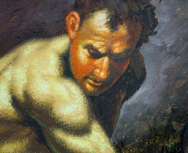 Coppia di nudi virili, XX secolo, tempera su carta, misure massime cm 42x32 compreso passepartout...