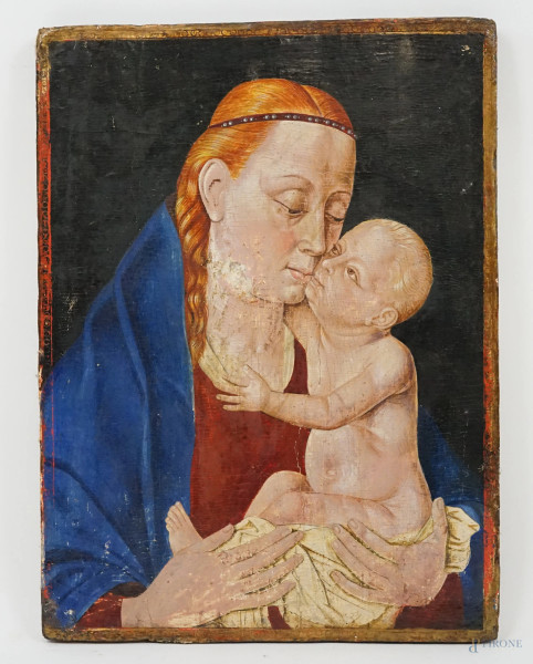 Madonna col Bambino, antico dipinto ad olio su tela applicata su tavola, cm 52.2x38, (difetti e restauri)