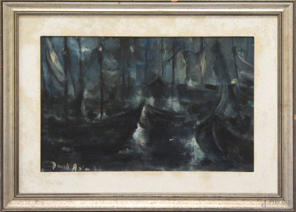 Porticciolo, olio su tela, 40x60 cm, entro cornice