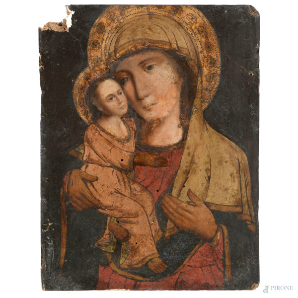 Madonna con Bambino, XIX secolo, tempera su tavola, cm 27x21, (segni di usura, rotture, cadute di colore, abrasioni, fori di tarlo, difetti)