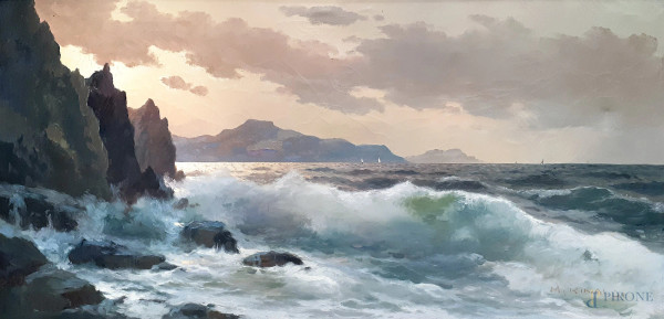 M. Rinaldi (1916), Marina con onde che si infrangono, fine anni 40, raffinato dipinto ad olio su tela, cm 60x120, firmato