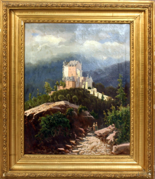 Paesaggio con castello e figure, olio su tela, cm. 73x58, XIX sec, entro cornice.