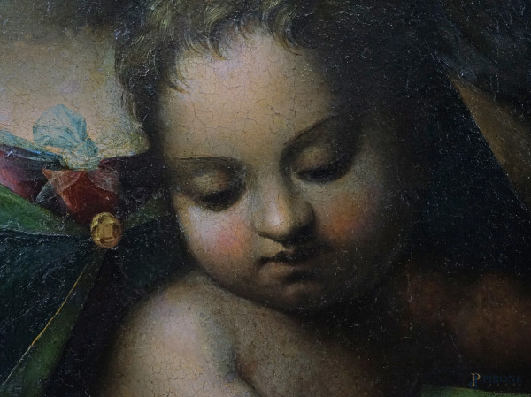 Scuola senese del XVI secolo, Madonna con il Bambino tra San Bernardino da Siena e Santa Caterina...