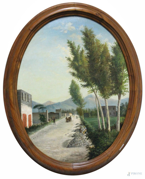 Paesaggio con strada e figure, olio su tela ad assetto ovale, cm. 75x57, XIX sec. entro cornice.