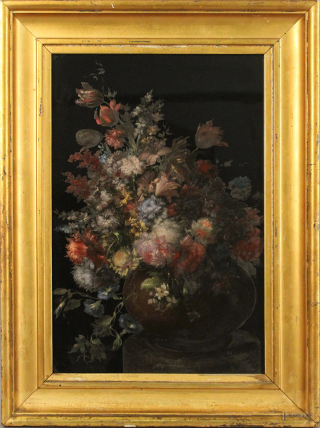 Natura morta con vaso di fiori dipinto ad olio su vetro, altezza 43x31 cm, XIX sec, entro cornice.