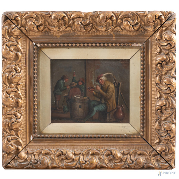 Interno d'osteria, XX secolo, olio su tavoletta, cm 17x21, firmato in basso a sinistra, entro cornice, (segni di usura)