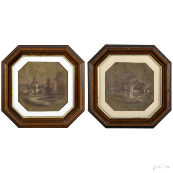 Coppia di scorci di paese con ruscello, XX secolo, stampa su tessuto, cm 23,5x24, compreso passepartout, entro cornice