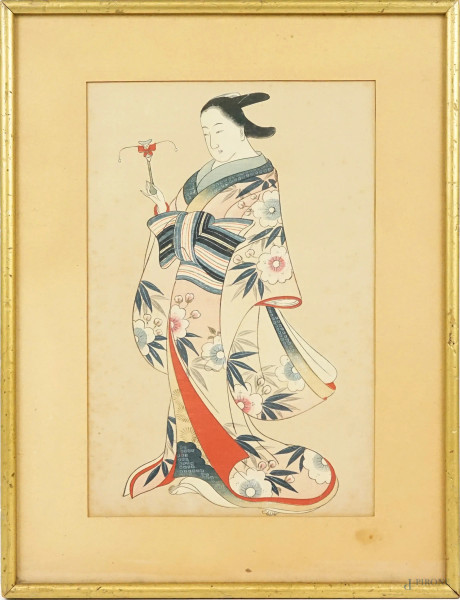Okumura Masanobu - Bijinga con sonaglio tardizionale, incisione a colori, cm 29x19, Giappone, entro cornice, (lievi difetti).