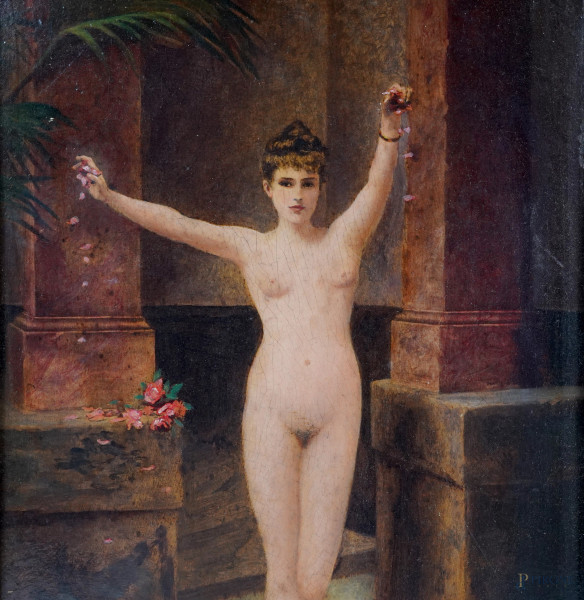 M. Arosa (d'apres) Nudo di donna, XX secolo, stampa ritoccata applicata su tavola, cm 30x20 entro...