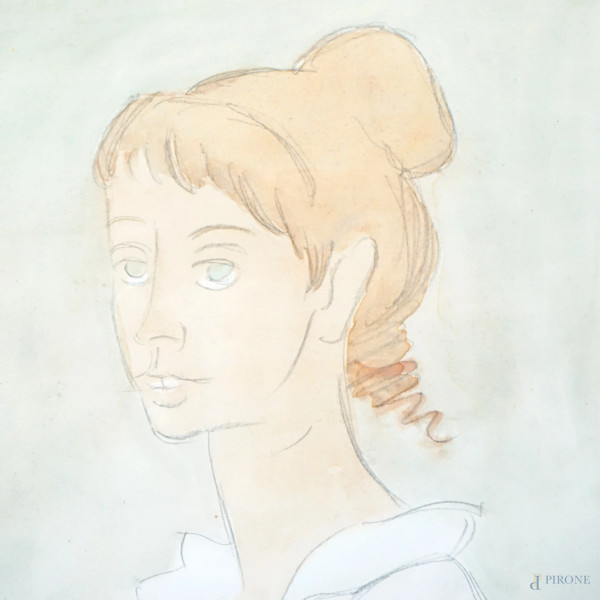 Donna seduta, matita ed acquarello su carta, cm 40x30 circa, firmato, entro cornice.